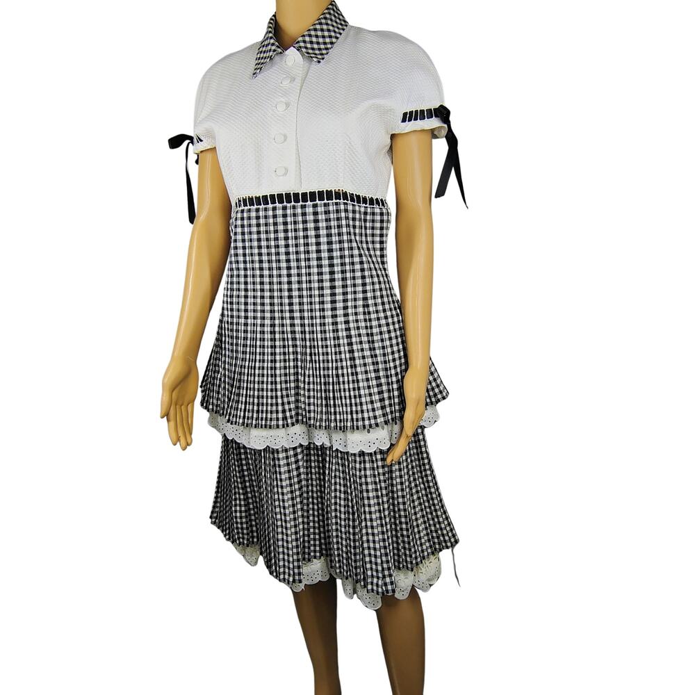1980s Vtg Lina Lee Black White Gingham Eyelet Lace Hollywood Glam Femme Size S